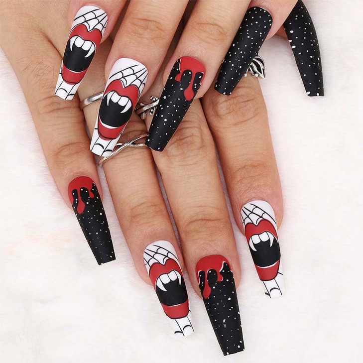 Outyua Halloween Black Nails Coffin Matte Press on Nails Mouth Fire Designs Extra Long Fake Nails Acrylic False Nails St