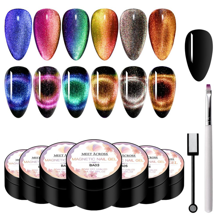 MEET ACROSS 9D Cat Eye Gel Nail Polish Set Chameleon Magnetic Gel Soak Off UV LED 7 Color Gel with Magnet Stick and Brus