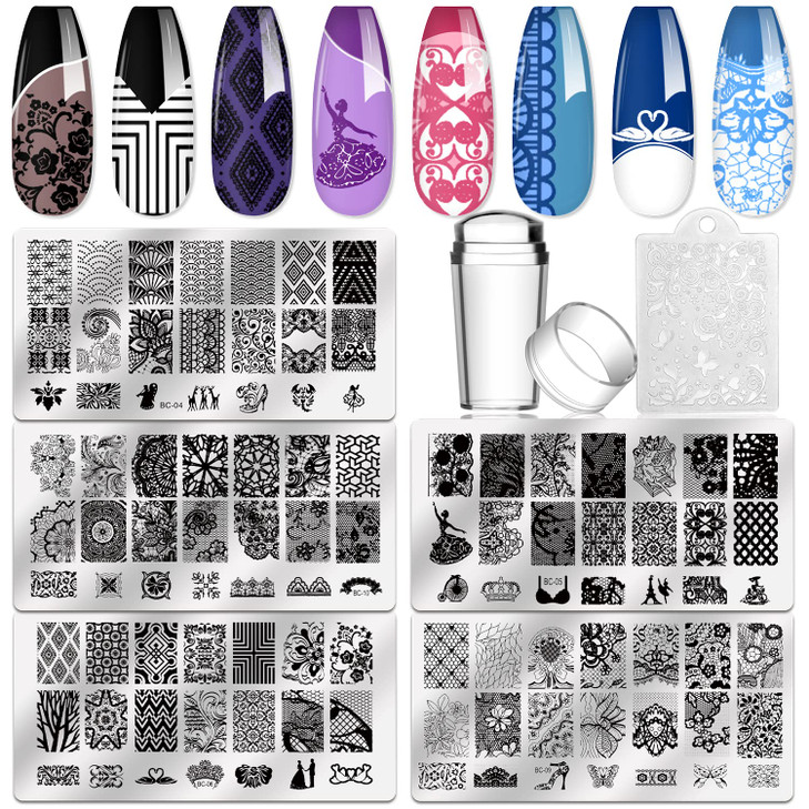 Biutee 5pcs Nail Stamping Plates 1 Stamper 1 Scraper Lace Flower Animal Pattern Nail Art Stamp Stamping Template Image P