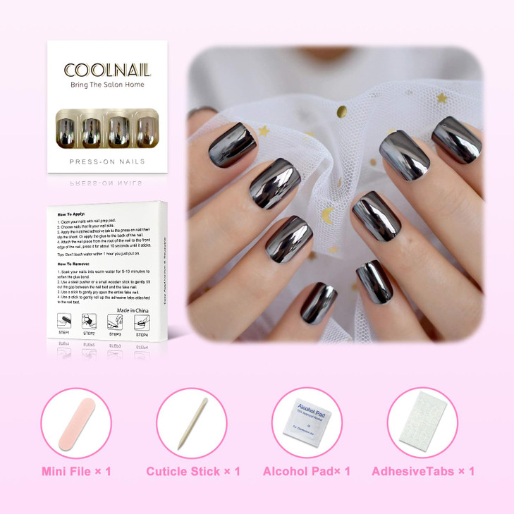 Coolnail Dark Smoky Gray Reflective Mirror Metal Plating False French Acrylic Nail Tips Punk Metallic Square Fake Nails