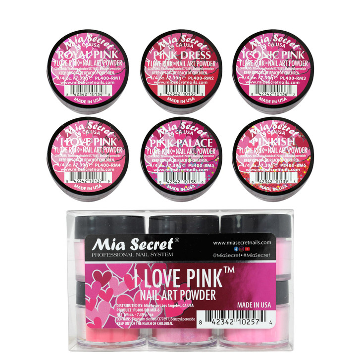 6PC Mia Secret Colored Acrylic Nail Art Powder Collection I LOVE PINK 6PC