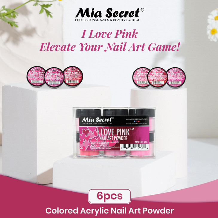 6PC Mia Secret Colored Acrylic Nail Art Powder Collection I LOVE PINK 6PC