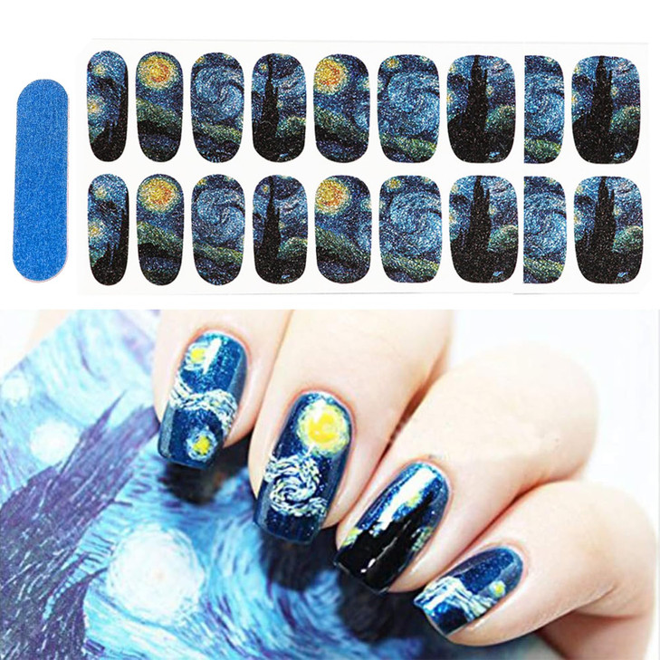 3D Van Goghs Starry Night Fullnail Stickers Full Nail Starry Sky Art Gel Nail Polish Sticker Decals Shimmery Glittery Lo