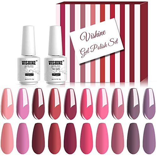 Vishine 12PCS Gel polish Professional UV LED Soak Off Pink Rose Varnish Color Gel Nail Polish with Base Top Coat Manicur