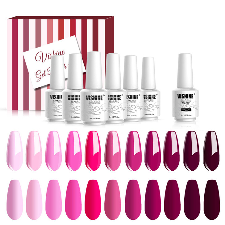 Vishine Gel Polish 12Pcs Soak Off UV LED Nail Art Manicure DIY Salon Set Pink Fuchsia Rose Purple Color Series with Matt