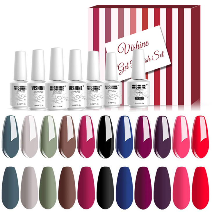 Vishine Gel Nail Polish Set 12 Colors Gel Polish Kit Nail Gel Polish Set Soak Off UV LED Matte Top Coat 8ml Each Bottle