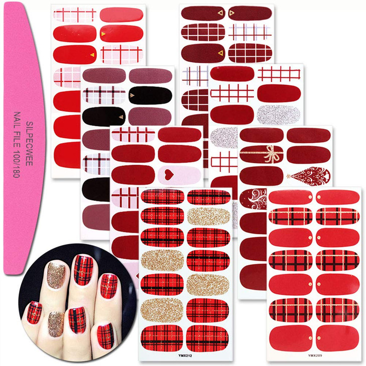 SILPECWEE 8 Sheets Red Nail Polish Strips for Women Sticker Nail Polish Nail Stickers Full Nail Wraps Self Adhesive Nail