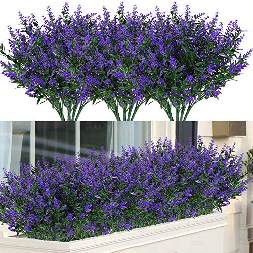 ArtBloom 8 Bundles Outdoor Artificial Lavender Fake Flowers UV Resistant Shrubs Faux Plastic Greenery for Indoor Outside