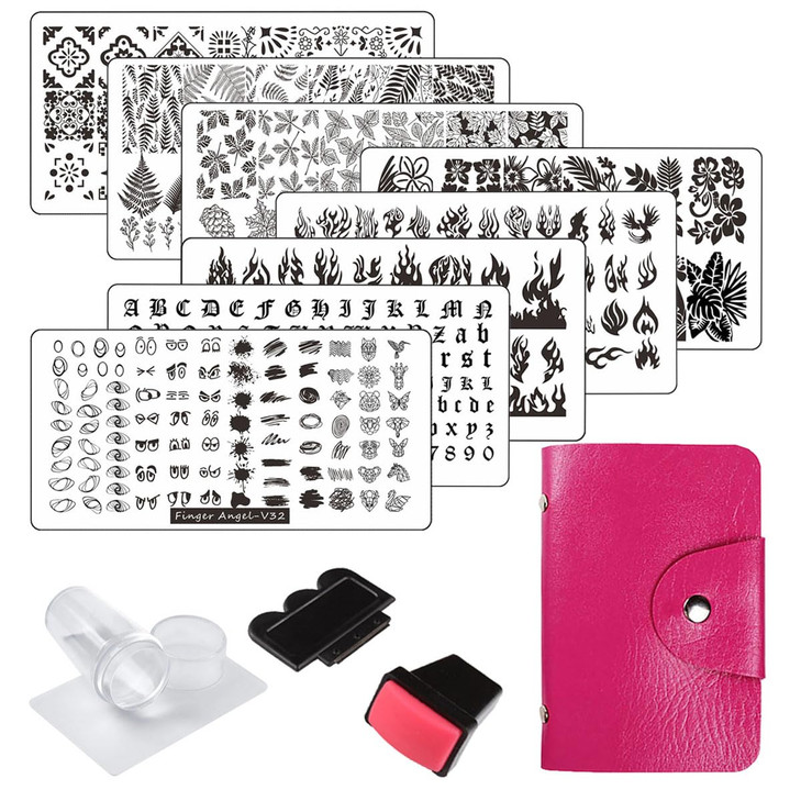 FingerAngel 13pcs Stamping Nail Art Plates set 8 Stamping Plates with 2Stamper 2Scraper 1storage bag Nails Art Stamping