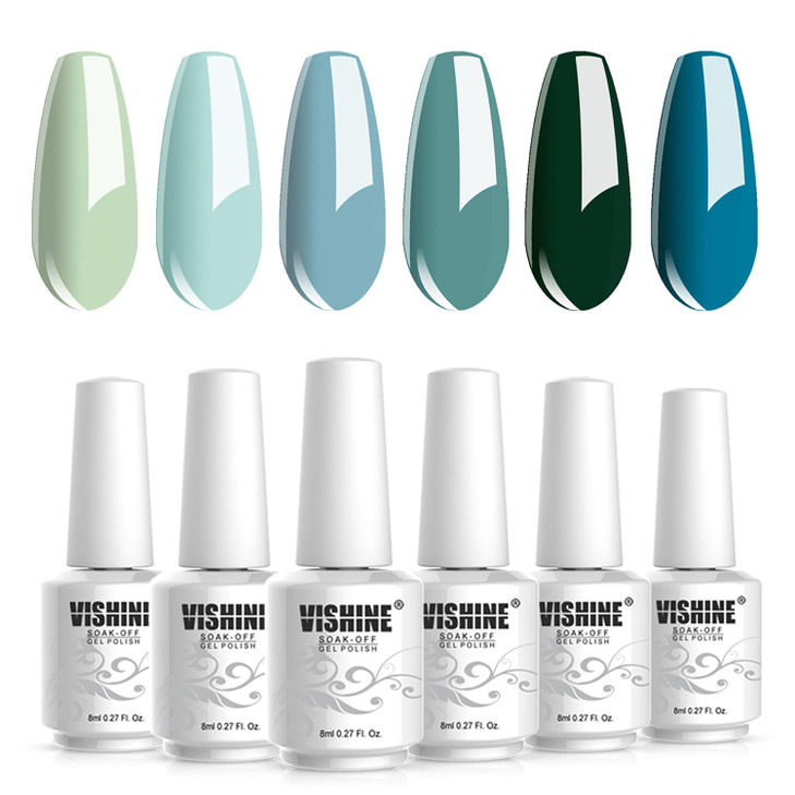 Vishine Gel Nail Polish Teal Blue Olive Green Soak Off Gift Set UV LED Art Varnish Colors UV Light LED Lamp Base Top Coa