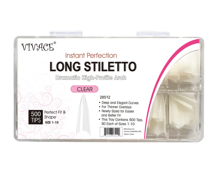 VIVACE Clear Long Stiletto 500pcs Artificial Fake Gel Nail Tips10 Sizes With Clear Plastic Case For Nail Salon