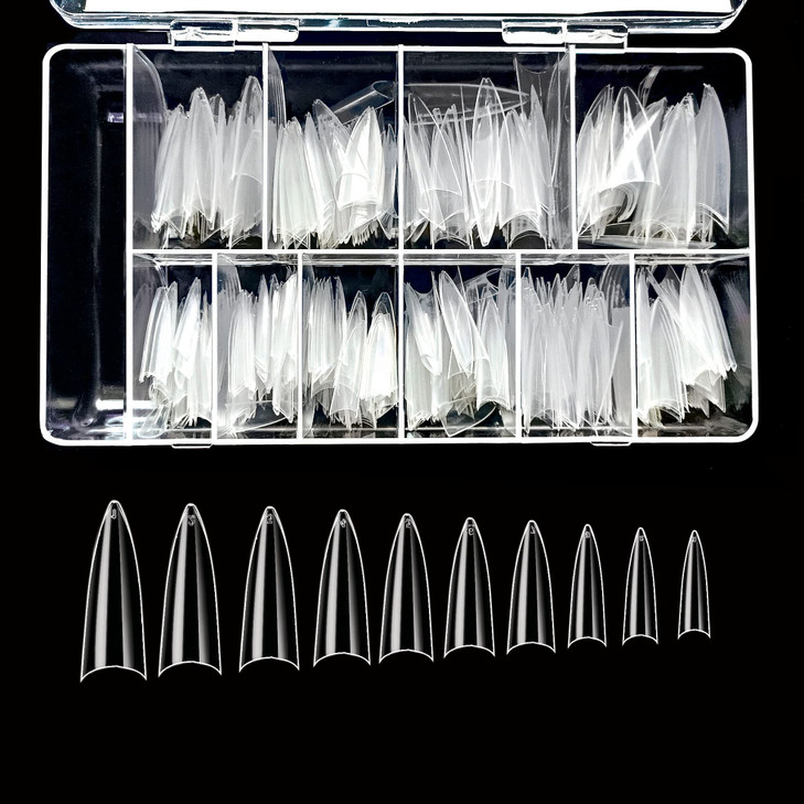 BeYou Clear Long Stiletto 500pcs False Fake Gel Nail Tips10 Sizes With Clear Plastic Case For Nail Salon Nail Shop