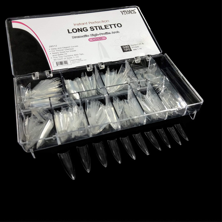 BeYou Clear Long Stiletto 500pcs False Fake Gel Nail Tips10 Sizes With Clear Plastic Case For Nail Salon Nail Shop