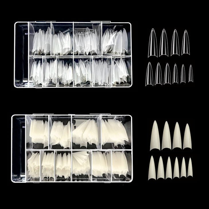 VIVACE 2PACK NaturalClear Long Stiletto 500 Artificial Fake Gel Nail Tips Total 1000Tips 10Sizes For Nail Salon Nail Sho