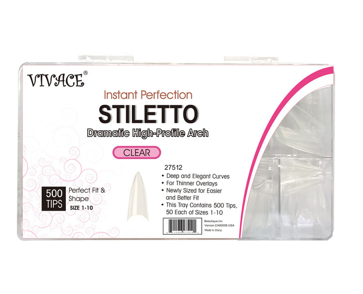 VIVACE Clear Stiletto 500 Acrylic False Fake Gel Nail Tips With Clear Plastic Case 27512 For Nail Salon Nail Shop Clear