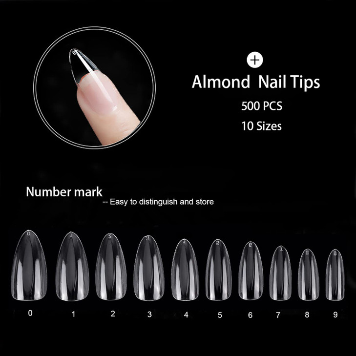 500Pcs Medium Almond Fake Nail Tips Full Cover Clear Acrylic Nails Press on Nails for DIY Nail Art 10 Sizes