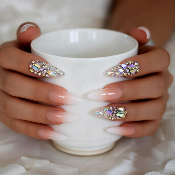 Luxury Fake Nails Designer Extra Long Ombre French Jewelry Predesigned Nails Natural Stiletto AB Stones Decoration Tips