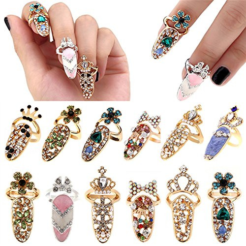 CosCosX 12 Pcs Women Luxury Fingernails Ring Fashion Bowknot Knuckle Nail Ring Decoration Tip Nail Art Charm Crown Flowe