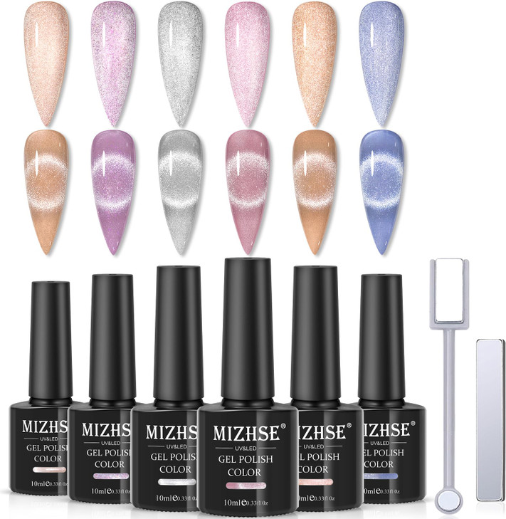 MIZHSE 10ml6 Colors Cat Eye Gel Nail Polish Crystal Magnetic Gel Polish Glitter Pink Gold Sparkle Gel Polish Set with Un