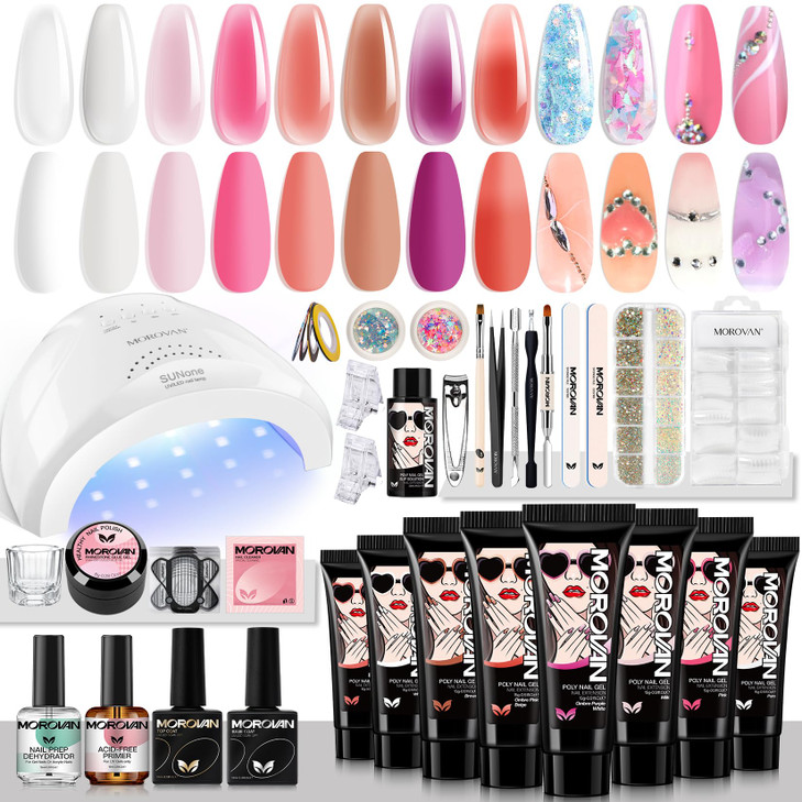 Morovan Poly Gel Nail Kit Starter Kit 8 Pcs Poly Nail Gel Kit with U V Lamp 48W Complete Poly Gel Kit for Beginners with