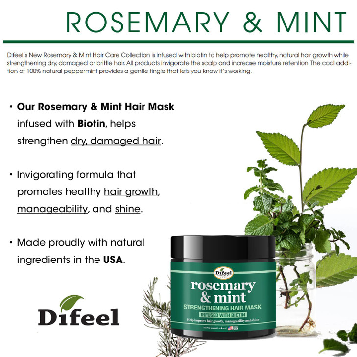 Difeel Rosemary and Mint Strengthening Hair growth Mask with Natural Rosemary Oil and Biotin 12 oz.
