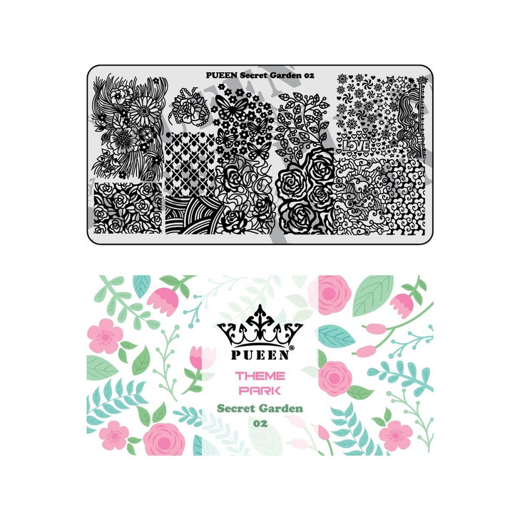 PUEEN Nail Art Stamping Plate Secret Garden 02 Theme Park Collection 125x65mm Unique Nailart Polish Stamping Manicure Im