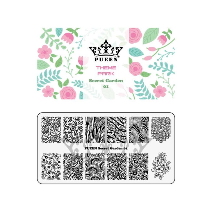 PUEEN Nail Art Stamping Plate Secret Garden 01 Theme Park Collection 125x65mm Unique Nailart Polish Stamping Manicure Im