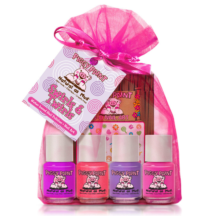 Piggy Paint 100 NonToxic Girls Nail Polish Safe Crueltyfree Vegan Low Odor for Kids Swirls Twirls 4 Polish Nail Art Gift