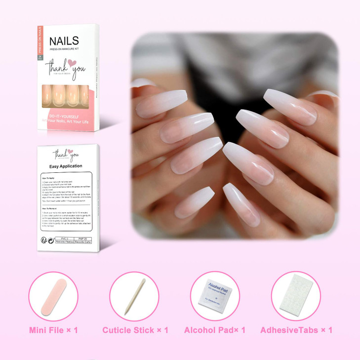 CoolNail Ombre Gradient Pink Nude White French Ballerina Press on False Nails Extra Long Natural Coffin UV Gel Glue On F