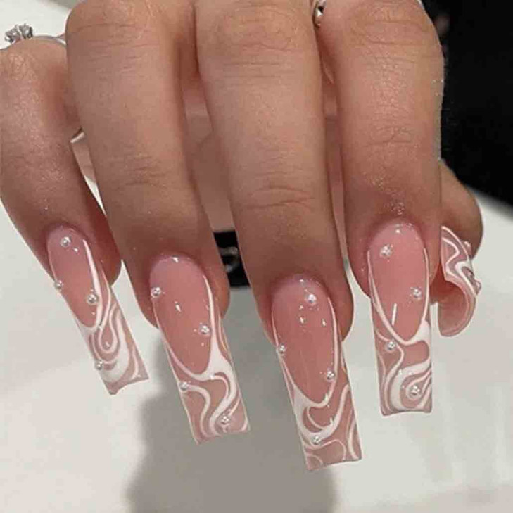 Foccna Square Press on Nails Long Pearl Pink Fake Nails Acrylic False NailsArtificial Nails for Women and Girls 24 pcs