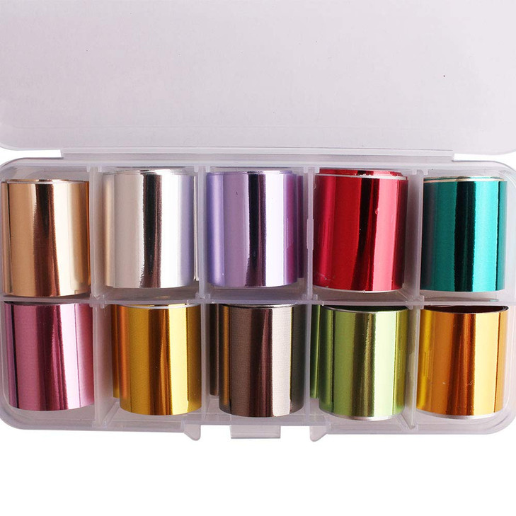 WOKOTO 10 Rolls Solid Color Nail Art Foil Stickers Tip Mirror Design Starry Sky Adhesive Nail Transfer Decals Manicure D