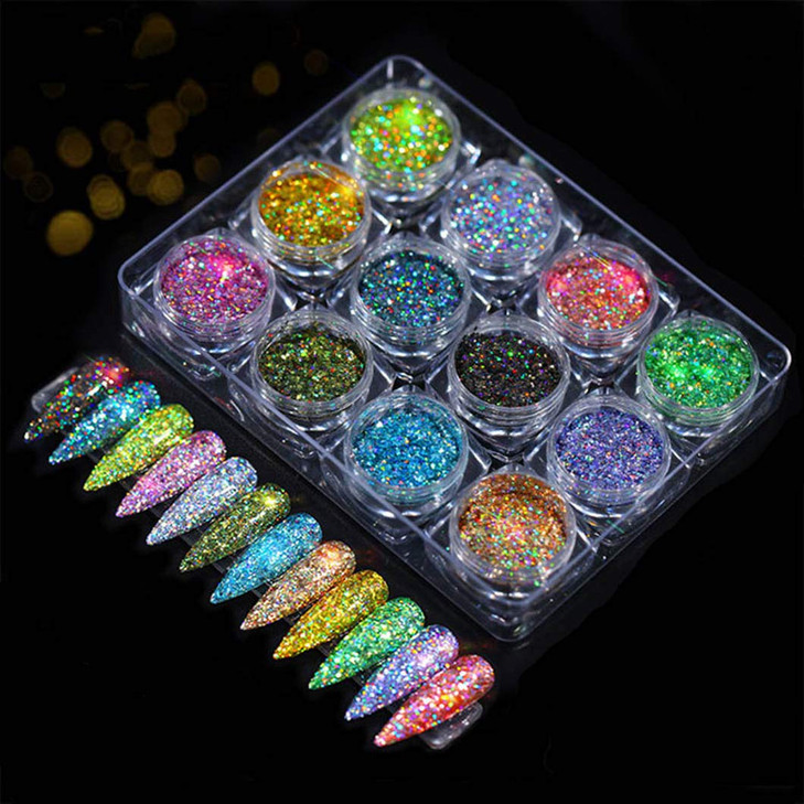 Sethexy 12 Colors Holoqraphic Glitter Superfine Nails Sequins Mixed Iridescent Paillette for Nails Art A