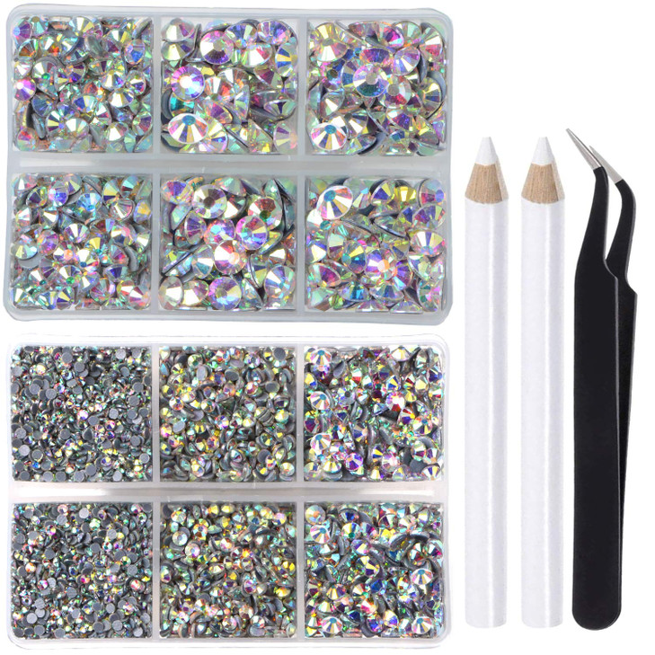 LPBeads 6400 Pieces Hotfix Rhinestones Clear AB Flat Back 5 Mixed Sizes Crystal Round Glass Gems with Tweezers and Picki