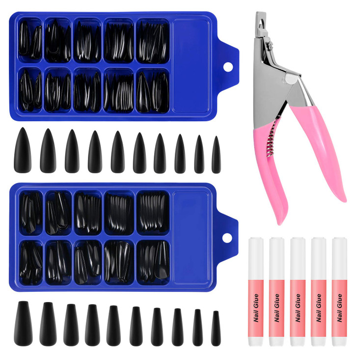 200PCS Black Coffin Acrylic False Nail Tips with Nail Cutter Nail Tips Glue Pure Color Long Ballerina Acrylic Nail Set F