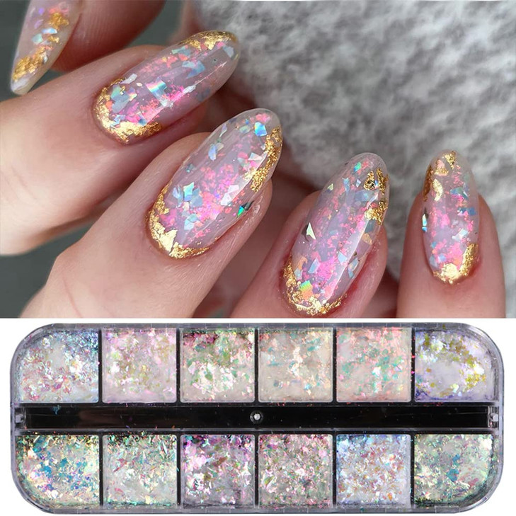 Holographic Opal Nail Art Glitter Flakes Powder Aurora Iridescent Pigment Ice Crystal Mermaid Paillettes Sparkly Sequins