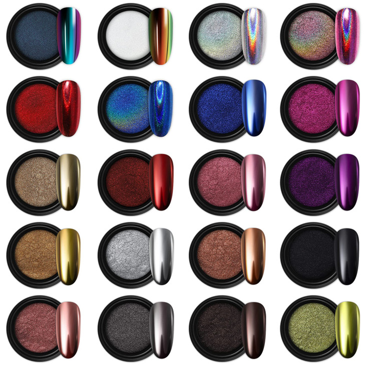Artdone 20 Jars Chrome Nail Powder Set Metallic Mirror Effect Holographic Aurora Chameleon Pigment 1gJar for Nail Art Gl