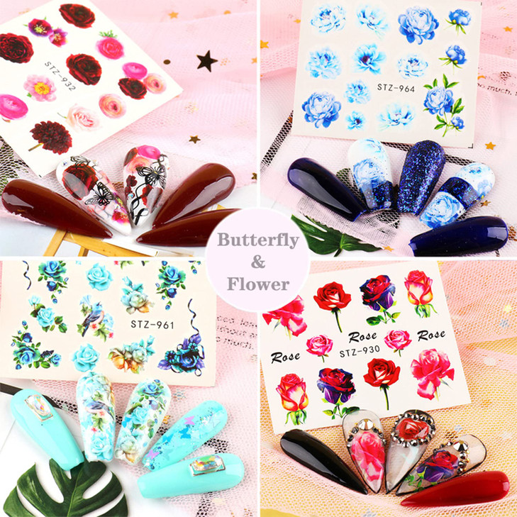 24 Sheets Flowers Nail Art Stickers Water Transfer Decals Floral Butterfly Rose Nail Art Design Nails Supplies for Women