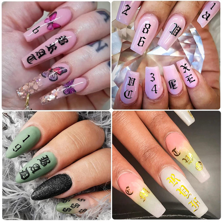 Letter Nail Art Stickers Number Nail Decals Nail Art Supplies Old English Alphabet Nail Sticker Designs Holographic Engl