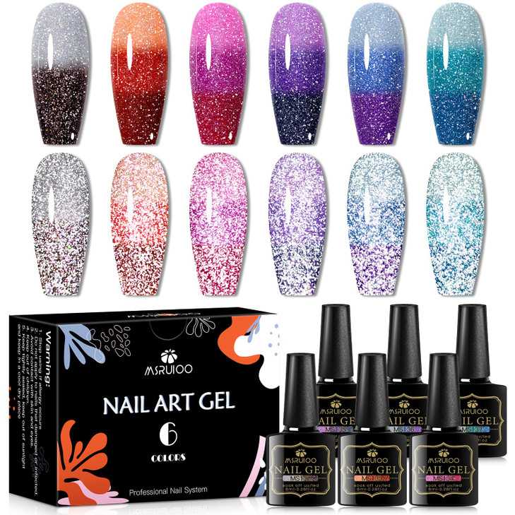 MSRUIOO Color Changing Reflective Gel Nail Polish Temperature Color Change Glitter Gel Polish Diamond Glitter Silver Pin