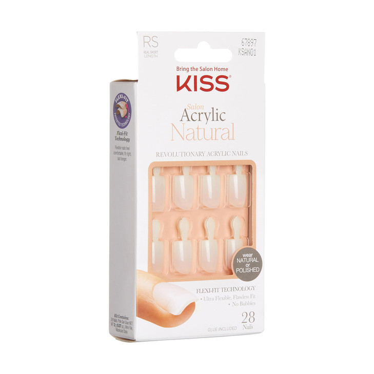 KISS Salon Acrylic Natural Press On Nails Nail glue included Rare Nude Short Size Squoval Shape Includes 28 Nails 2g Glu