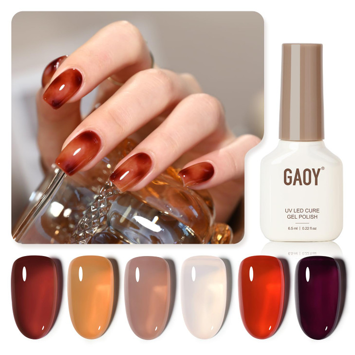 GAOY Jelly Brown Gel Nail Polish of 6 Transparent Nude White Dark Red Colors Sheer Gel Polish Kit for Salon Gel Manicure