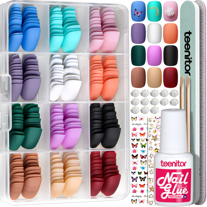 288pcs Short Press On Nails Teenitor Matte Acrylic False Nails With Glue 12 Color Glue On Nails For Small Hands