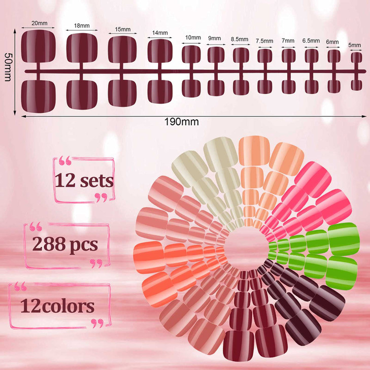 288 Pieces 12 Sets Short False Toe Nails Short Square Artificial Nail Tips Press on Glossy Toe Nails Solid Color Full Co