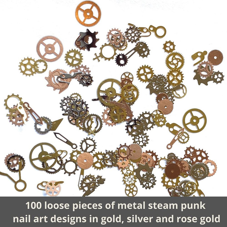 Steam Punk Encapsulated Nail Art Gear Cogs Nail Charms 100 Pieces Steampunk 3D Metal Decal Art Rose Gold and Silver or T
