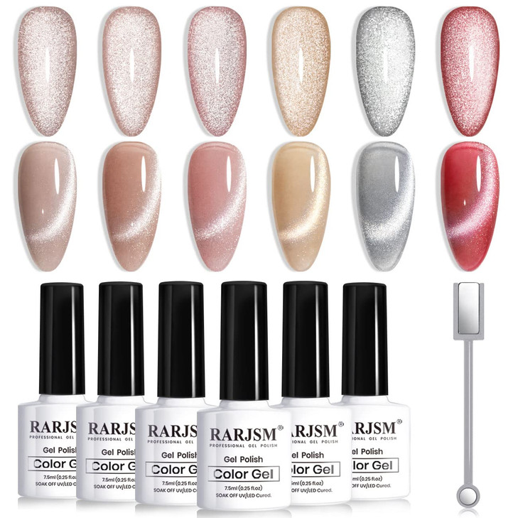 RARJSM Cat Eye Gel Nail Polish Set Silver Glitter Nude Purple Pink Red Champagne Gold Brown 6 Colors 9D Galaxy Velvet Ic