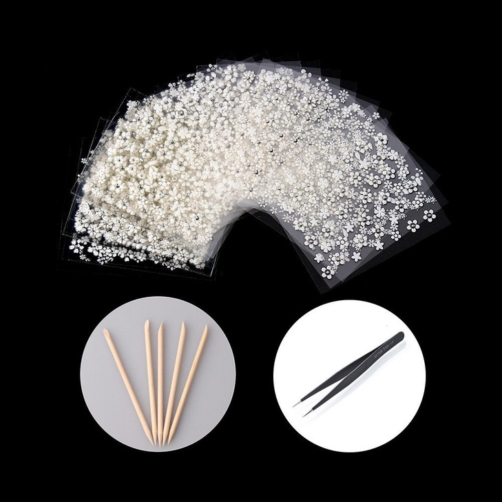 WOKOTO 30pcs White Adhesive 3d Nail Stickers Flower Nail Art Decoration Accessory With 1 Pcs AntiStatic Tweezers And 5 P