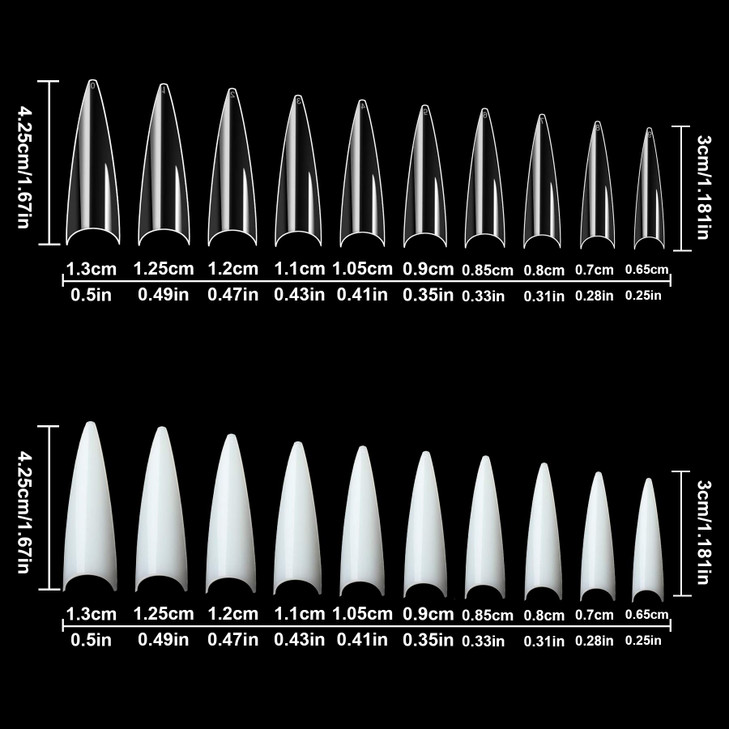 FEBSNOW 1000PCS Long Stiletto Nail Tips Acrylic Nails Artificial Half False Flake Nail Tips 10sizes with Clear Plastic C