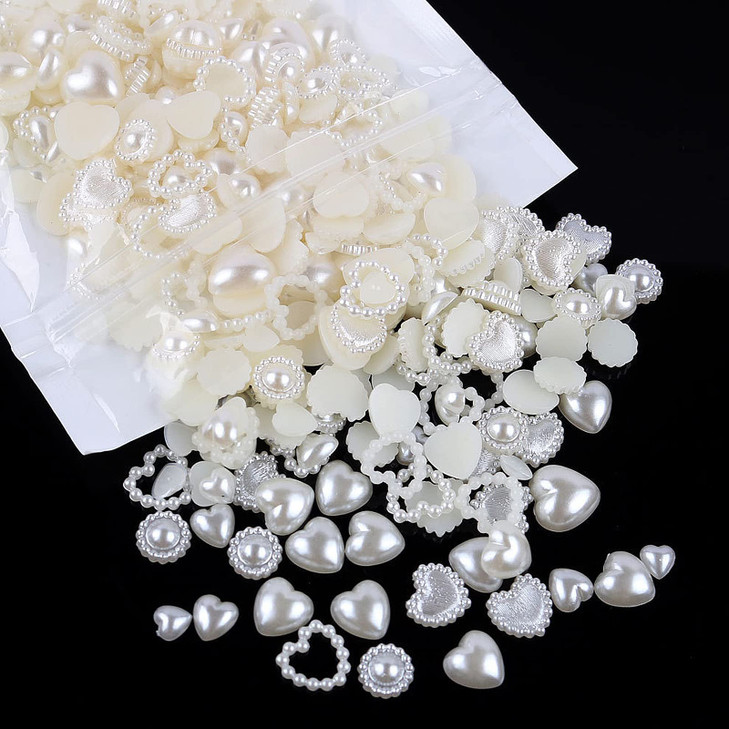 500 Pcs Creamywhite Pearls Heart Nail Charms Mixed Styles Flatback Heart Cute Assorted Pearls Heart Beads 3D Nail Art Ch