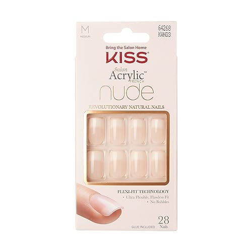 KISS Salon Acrylic Press On Nails Nail glue included Cashmere French Medium Size Squoval Shape Includes 28 Nails 2g Glue