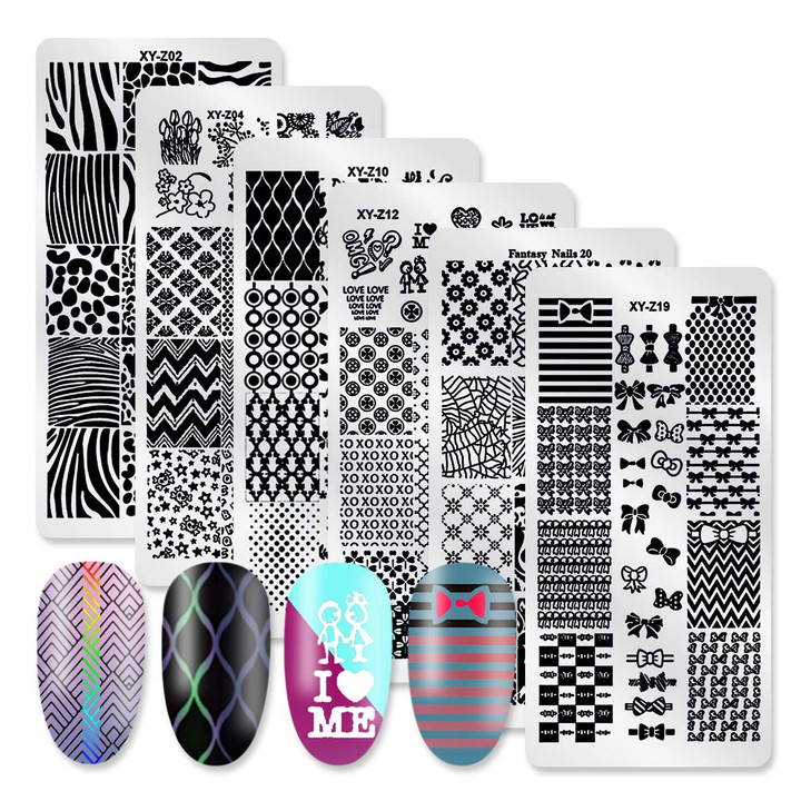 DANNEASY 6Pcs Nail Plate Stamping Set 1Nail Stamper 1Scraper 1Storage Bag Geometry Stripe Butterfly Design Nail Template